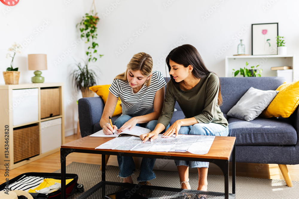 Two happy young girls planning their next vacation trip at home. Summer holidays concept Two happy young girls planning their next vacation trip at home. Summer holidays concept