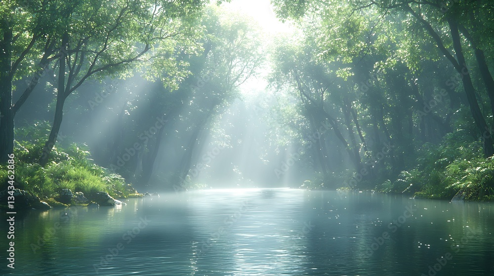 A tranquil river flowing through a serene forest with sunlight breaking through the mist A tranquil river flowing through a serene forest with sunlight breaking through the mist