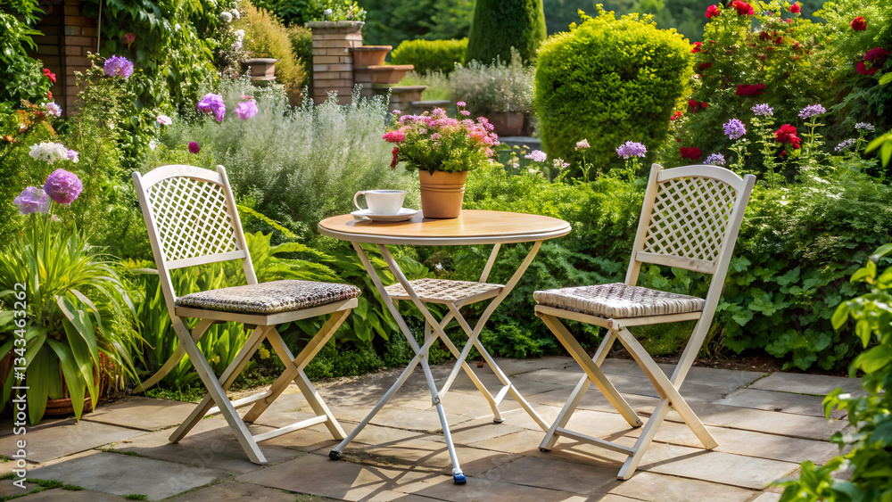 Obraz premium Outdoor patio with table and chairs in a beautiful summer garden.