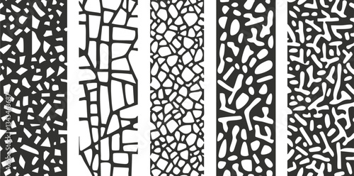 Abstract black and white geometric patterns with organic shapes and lines