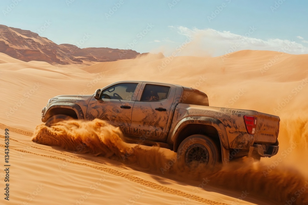 Pickup truck conquering challenging sand dunes in desert adventure