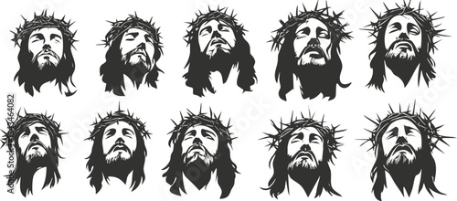 Monochrome illustrations of jesus christ with crown of thorns