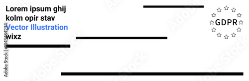 GDPR badge with stars, text elements, and horizontal blocks. Ideal for compliance, legal, privacy, data protection, regulation, minimalism simple landing page