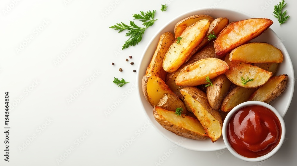 A mouthwatering serving of crispy potato wedges alongside a small dish of ketchup, creating a perfect combination for a tasty snack or side for any meal. A mouthwatering serving of crispy potato wedges alongside a small dish of ketchup, creating a perfect combination for a tasty snack or side for any meal.
