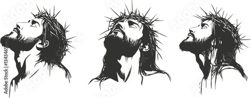Artistic renderings of a religious figure with crown of thorns in three profiles