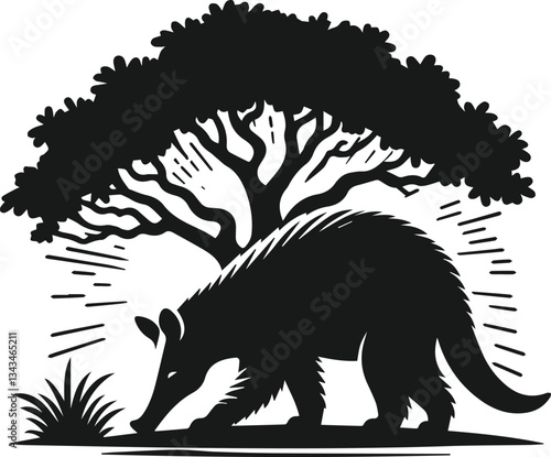 Aardvark sniffing the base of a tree animal silhouette vector
