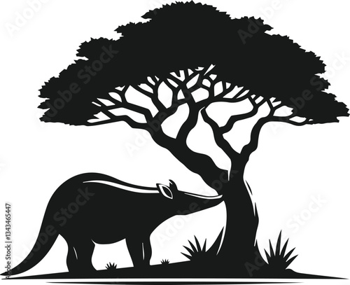 Aardvark sniffing the base of a tree animal silhouette vector
