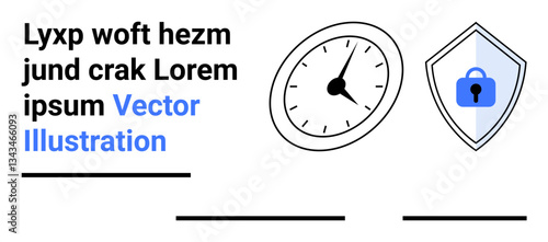 Clock representing time management and shield with lock symbolizing data security. Ideal for productivity, cybersecurity, encryption, safe work, planning tools, business, flat landing page banner