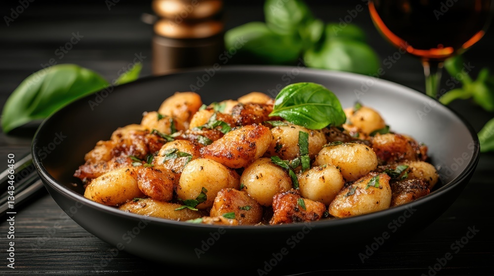 A bowl of delicious gnocchi garnished with fresh herbs is beautifully set with a glass of wine, presenting a lavish dining experience and culinary delight. A bowl of delicious gnocchi garnished with fresh herbs is beautifully set with a glass of wine, presenting a lavish dining experience and culinary delight.