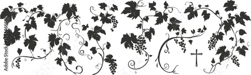 Silhouette of vine leaves and grapes on twisted vines with cross motif