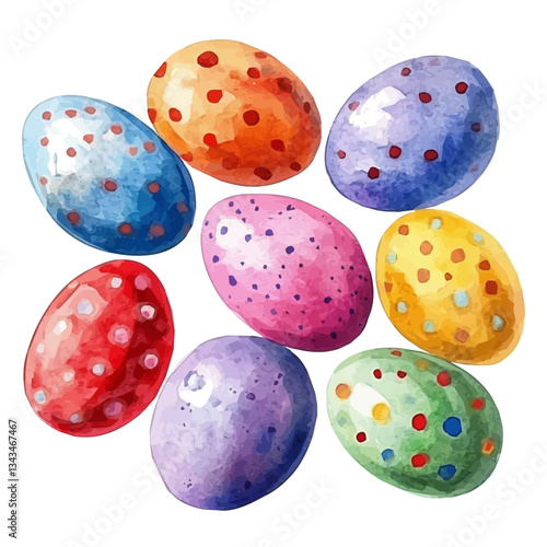 A Watercolor Colored Eggs with red ribbon on traditional plate Front View. Traditional Persian New Year Hyacinth, isolated on a white background. Nowruz vector design set, colored egg