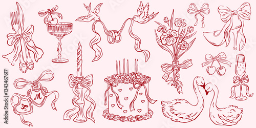 Wedding line art illustrations in doodle ink style. Dinner icons. Elegant just married party hand drawn elements. Casual vintage drawings for invitations, cards, greetings.  Save the date