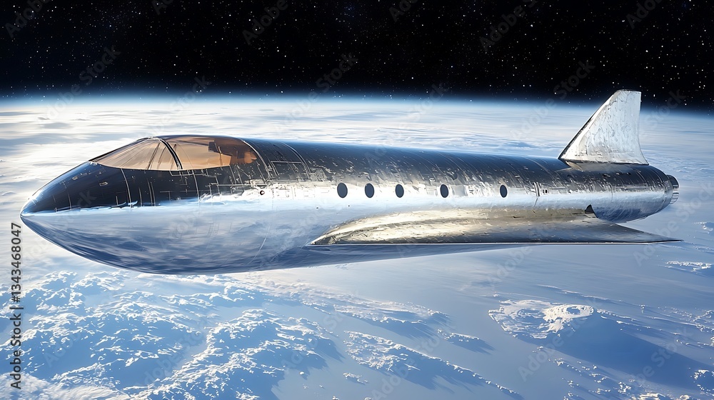 Obraz premium A futuristic spacecraft flies above the planet earth in space