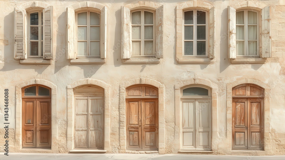 Weathered Wooden Doors and Windows on Cream Building Facade Weathered Wooden Doors and Windows on Cream Building Facade