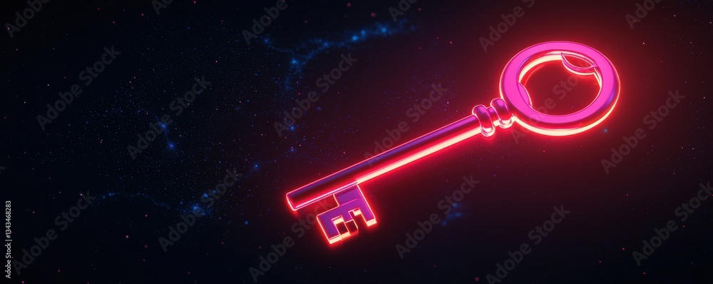 Obraz premium Create Opportunities vision goal-setting concept. Neon key glowing against a cosmic background.