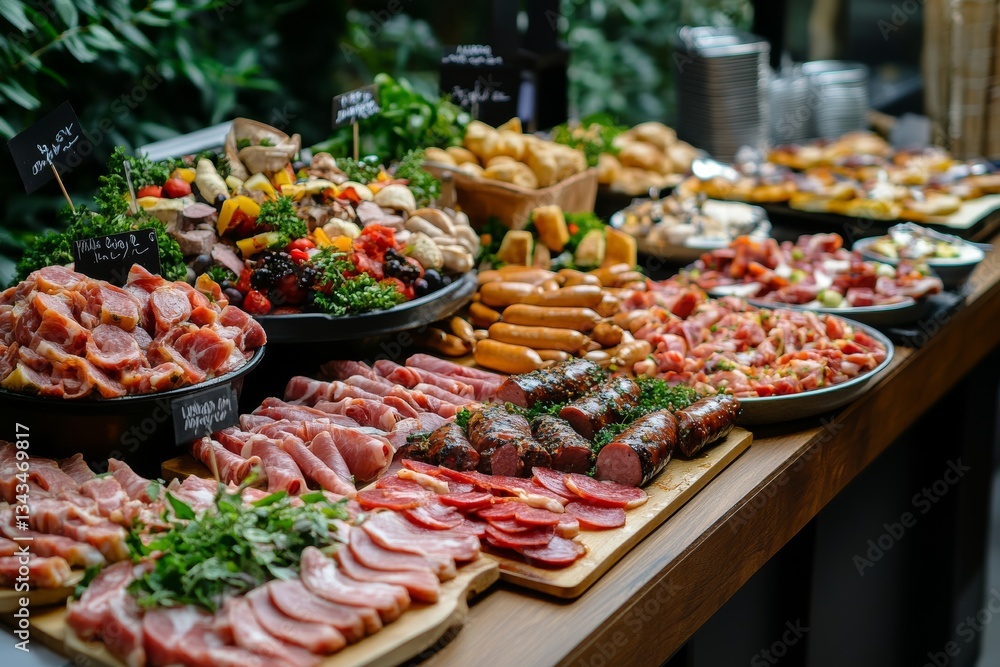 Obraz premium Exquisite culinary platter featuring meats, sausages, and snacks at a wedding or corporate event