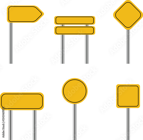 A collection of blank yellow road signs in various shapes, including arrows and geometric forms, designed for use in traffic management and urban planning. Ideal for themes related to transportation, 