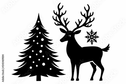 reindeer christmas tree line art silhouette vector illustration