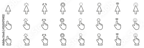 Cursor and hand gesture line icon set. Pointer and click action outline symbol collection. Editable stroke. Isolated vector illustration
