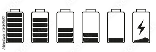 Battery Charge Levels Pixelated Icon Set. Pixel Art Symbol Collection Of Battery Charging Stages Icons. Isolated Vector Illustration
