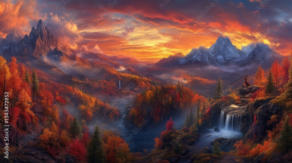 Fototapeta premium Autumn mountain landscape with waterfall