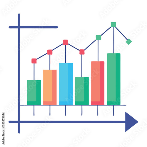 Colorful bar graph, statistical chart, vibrant columns, upward trend line,