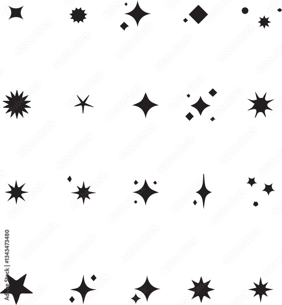 A collection of black star and sparkle illustrations arranged in a playful pattern, perfect for adding a celestial touch to graphic design projects, digital art, and decorative items. A collection of black star and sparkle illustrations arranged in a playful pattern, perfect for adding a celestial touch to graphic design projects, digital art, and decorative items.