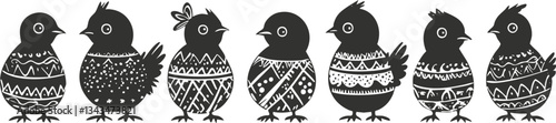 Black silhouette of seven decorative chicks with intricate patterns