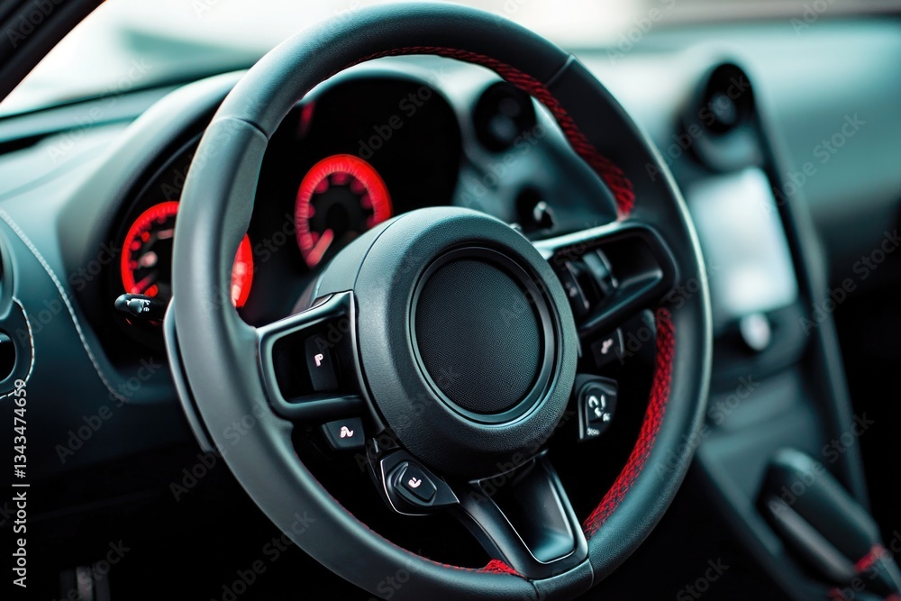 A detailed view of a vehicle's steering wheel, suitable for automotive or transportation-related uses A detailed view of a vehicle's steering wheel, suitable for automotive or transportation-related uses