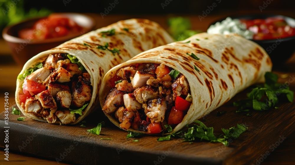 A tantalizing trio of wraps: a grilled chicken wrap, bursting with vibrant vegetables, and a classic Greek gyro wrap, adorned with succulent lamb and flavorful tzatziki sauce. A tantalizing trio of wraps: a grilled chicken wrap, bursting with vibrant vegetables, and a classic Greek gyro wrap, adorned with succulent lamb and flavorful tzatziki sauce.