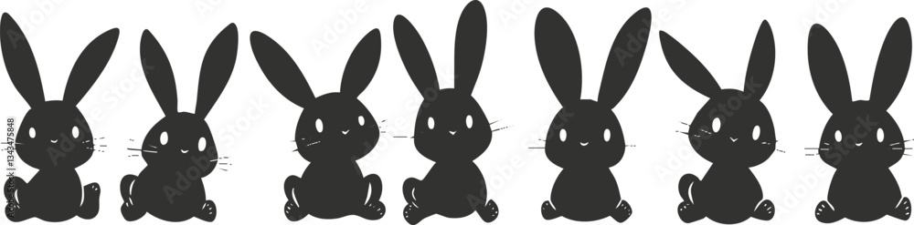 Fototapeta premium Silhouette of cute sitting bunnies in a row on white background