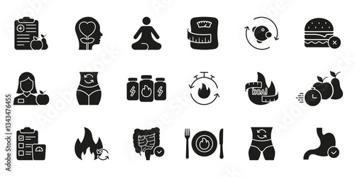 Health and Wellness Lifestyle Icon. Fitness and Nutrition Goal Achievement Silhouette Symbol Collection. Metabolism and Nutrition, Calorie Burning Solid Icons. Isolated Vector Illustration