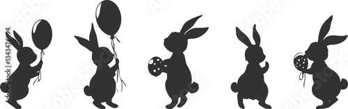 Silhouette of bunnies with balloons and snacks in playful poses