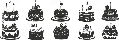 Monochrome collection of decorative cakes with candles and easter eggs