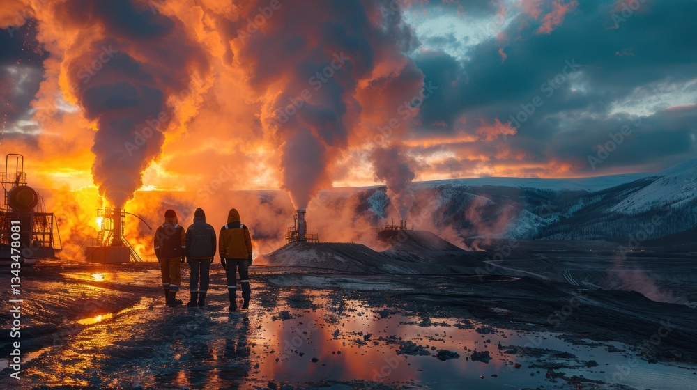 Fototapeta premium Geothermal Power Plant at Sunset