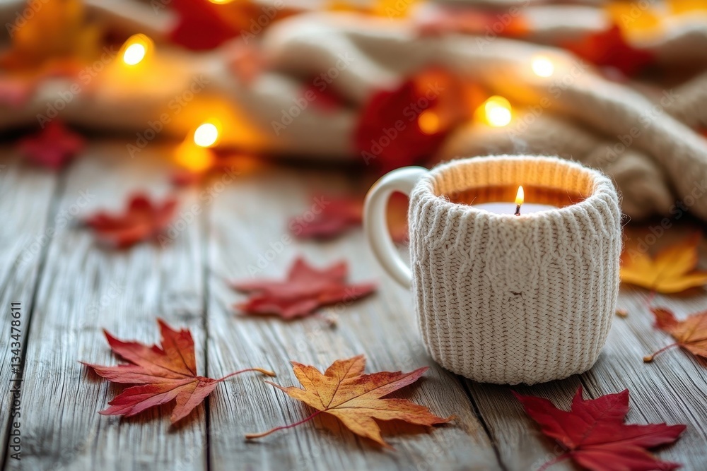 Cozy candle in a mug surrounded by autumn colored leaves Cozy candle in a mug surrounded by autumn colored leaves