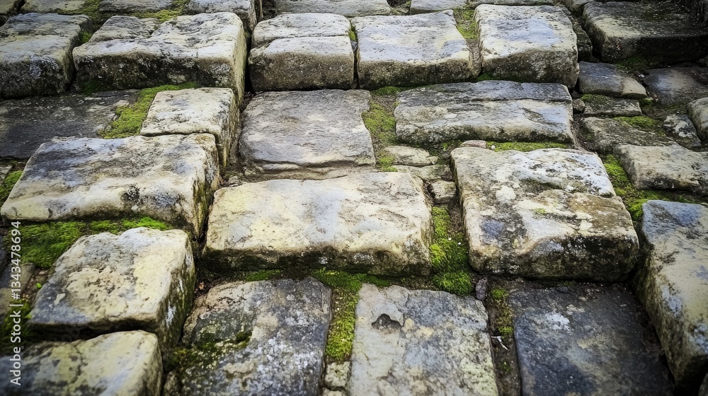 Textured close up of weathered stone blocks with moss growing Textured close up of weathered stone blocks with moss growing