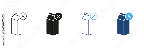 Dairy Free Line and Silhouette Icon Set. Milk Carton With Crossed Out Symbol. No Dairy Or Lactose Free Products. Editable Stroke. Isolated Vector Illustration