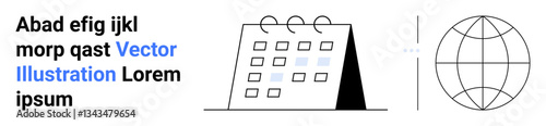 Calendar with marked dates suggesting schedules or events, paired with a globe outline for global connections. Ideal for planning, organization, education, networking, globalization, travel, simple