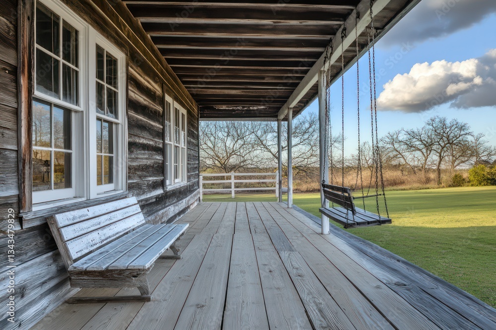 Rustic wooden farmhouse with weathered planks, white-framed windows, and an inviting porch swing Rustic wooden farmhouse with weathered planks, white-framed windows, and an inviting porch swing