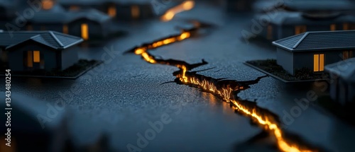 Seismic Fracture Illuminating Miniature Suburban Landscape Post Earthquake Catastrophic Event