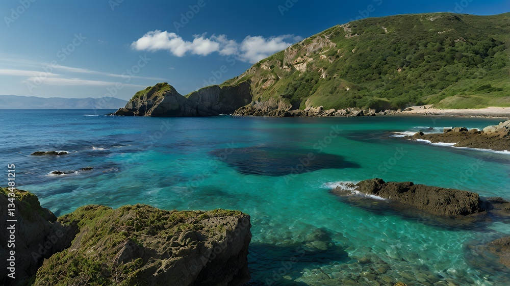 Obraz premium Scenic coastal cliffs with turquoise waters and lush greenery under clear blue skies