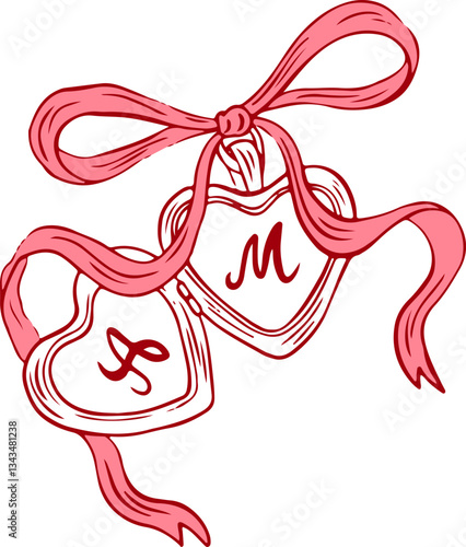 Coquette heart locket with ribbon bow in hand drawn style. Simple doodle line art crayon and sketch symbol for Valentine day and invitations templates. Vintage elegant vector illustration.