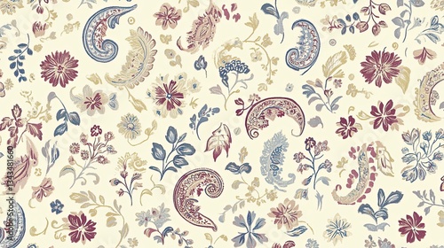 Beautiful vintage pattern with small floral paisley motifs in pastel colors on a cream background,Generate AI