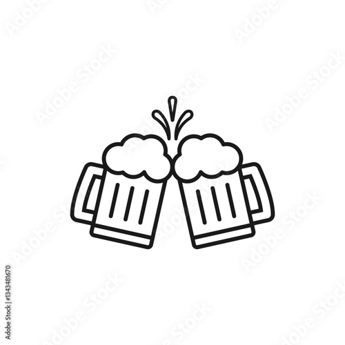 Two glass mugs of beer are clinked together with cheers and toasting. Vector icon. Isolated illustration on white background.