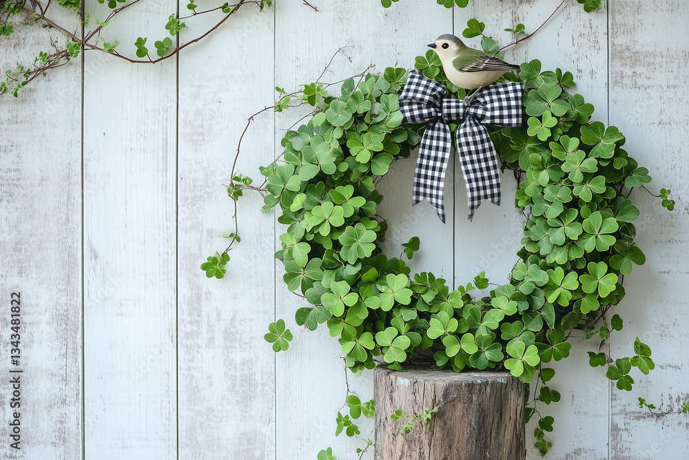 Rustic Wreath with Clover and Bird on Wooden Background