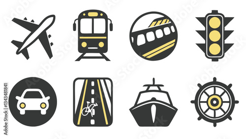 A detailed vector collection of transport-related icons showcasing various travel methods including land, air, and sea transport symbols.