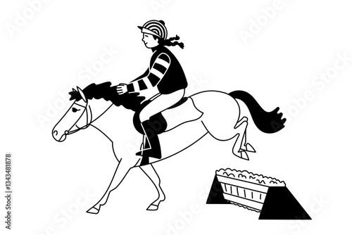 Young jockey riding a pony in a black and white line drawing, jumping over an obstacle in a pony racing