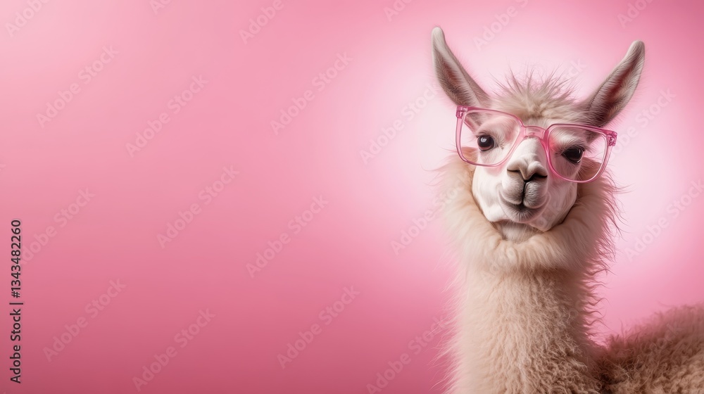 Fototapeta premium A whimsical llama adorned with oversized pink glasses against a vibrant pink backdrop, presenting a playful and lighthearted atmosphere perfect for fun and quirky imagery.