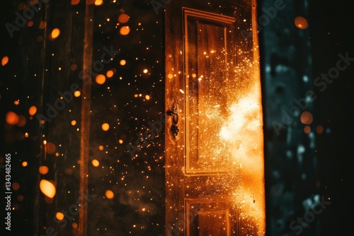 A door with a warm glow shining through, suitable for interior design or architecture concept illustrations